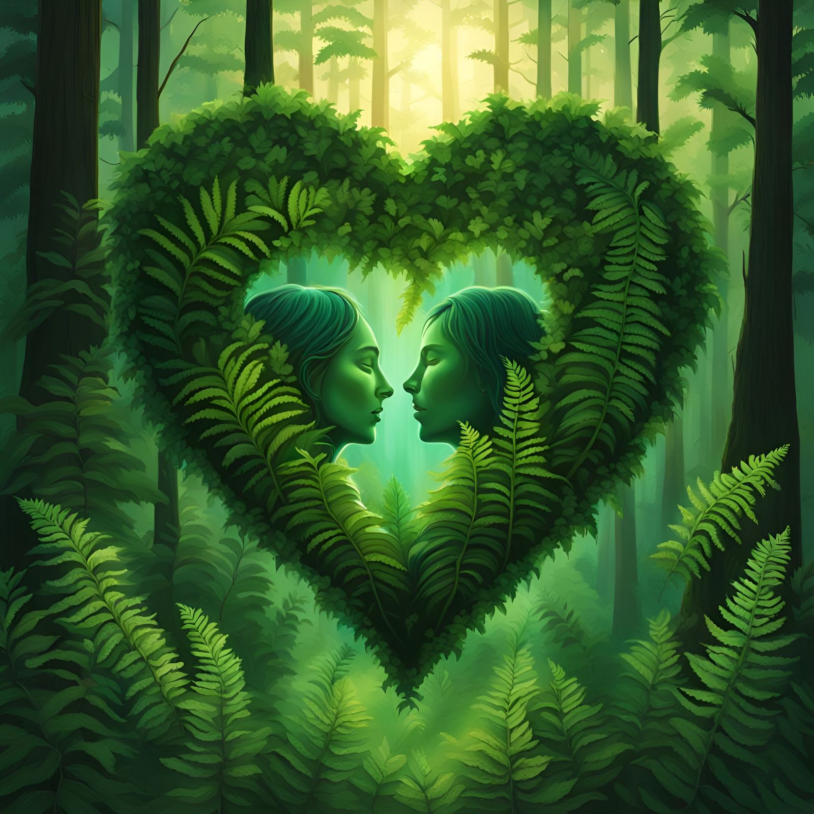 Glowing Fern Heart with Kissing Lovers