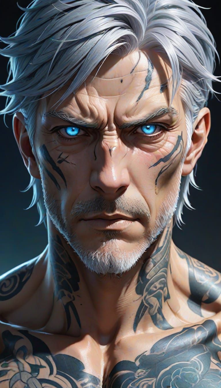 Manga Portrait: Bryan with Silver Hair and Tattoos