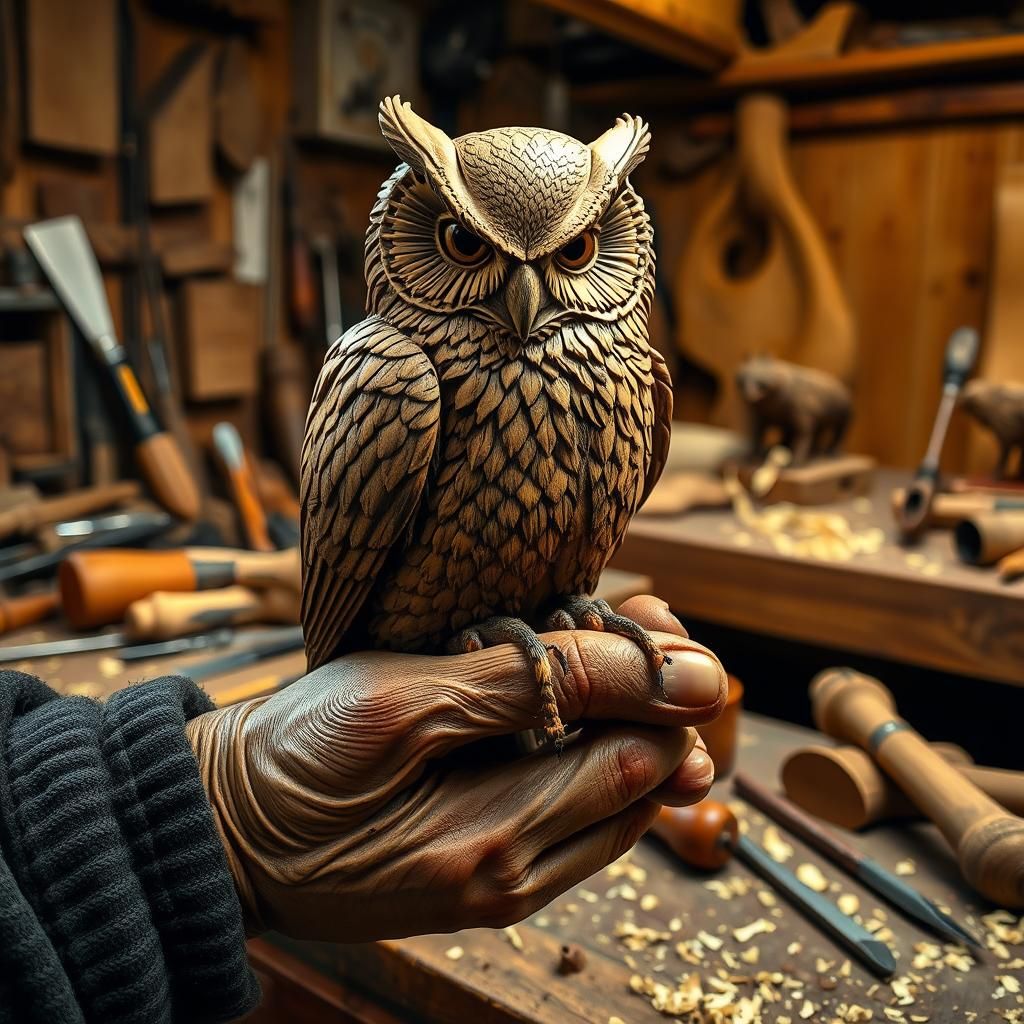 Hand Carved Owl Sculpture on Carver's Hand