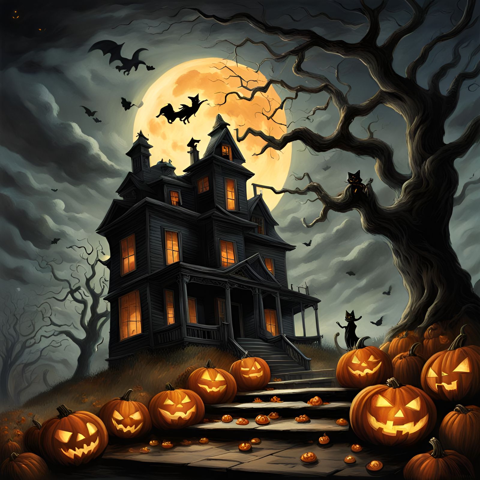 Haunted House at Night with Witch and Ghost