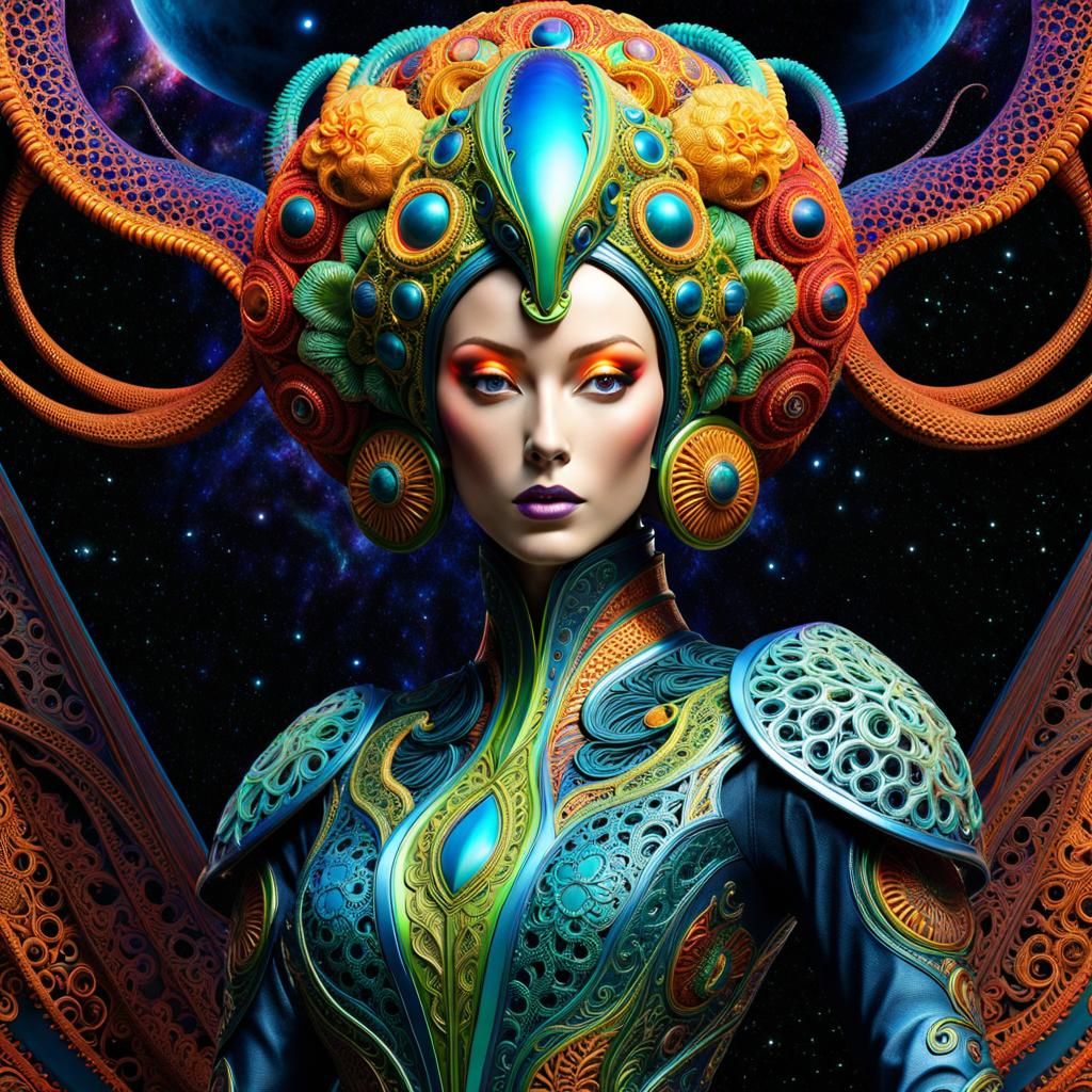 Rainbow Alien Cephalopod in Fractal Spacesuit