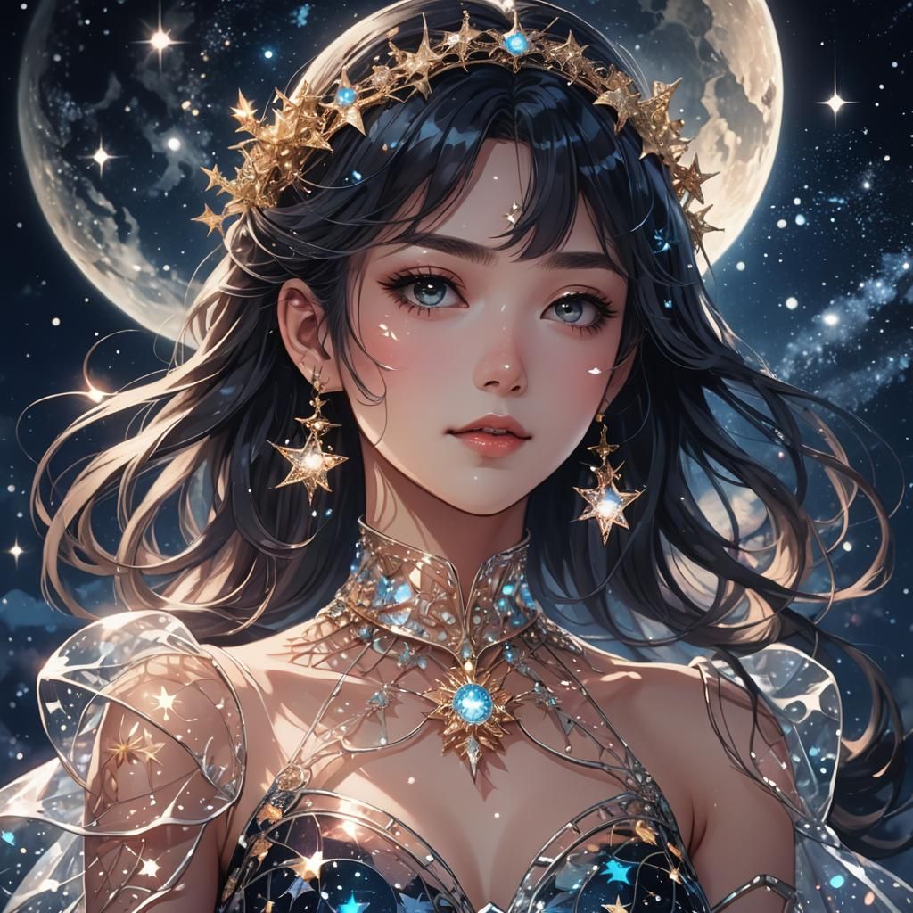 Woman in Glass Dress with Star Jewelry, Anime Style