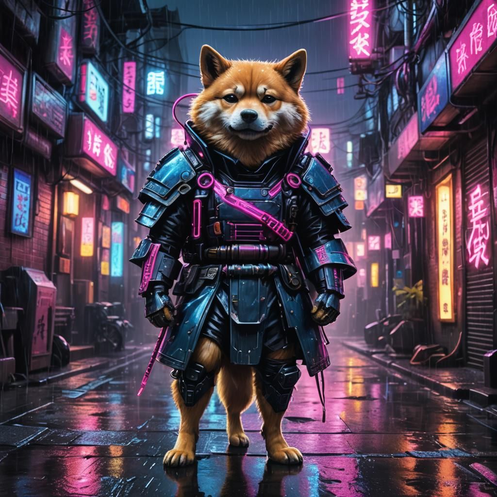Cyberpunk Shiba Inu Samurai in Rainy Alley