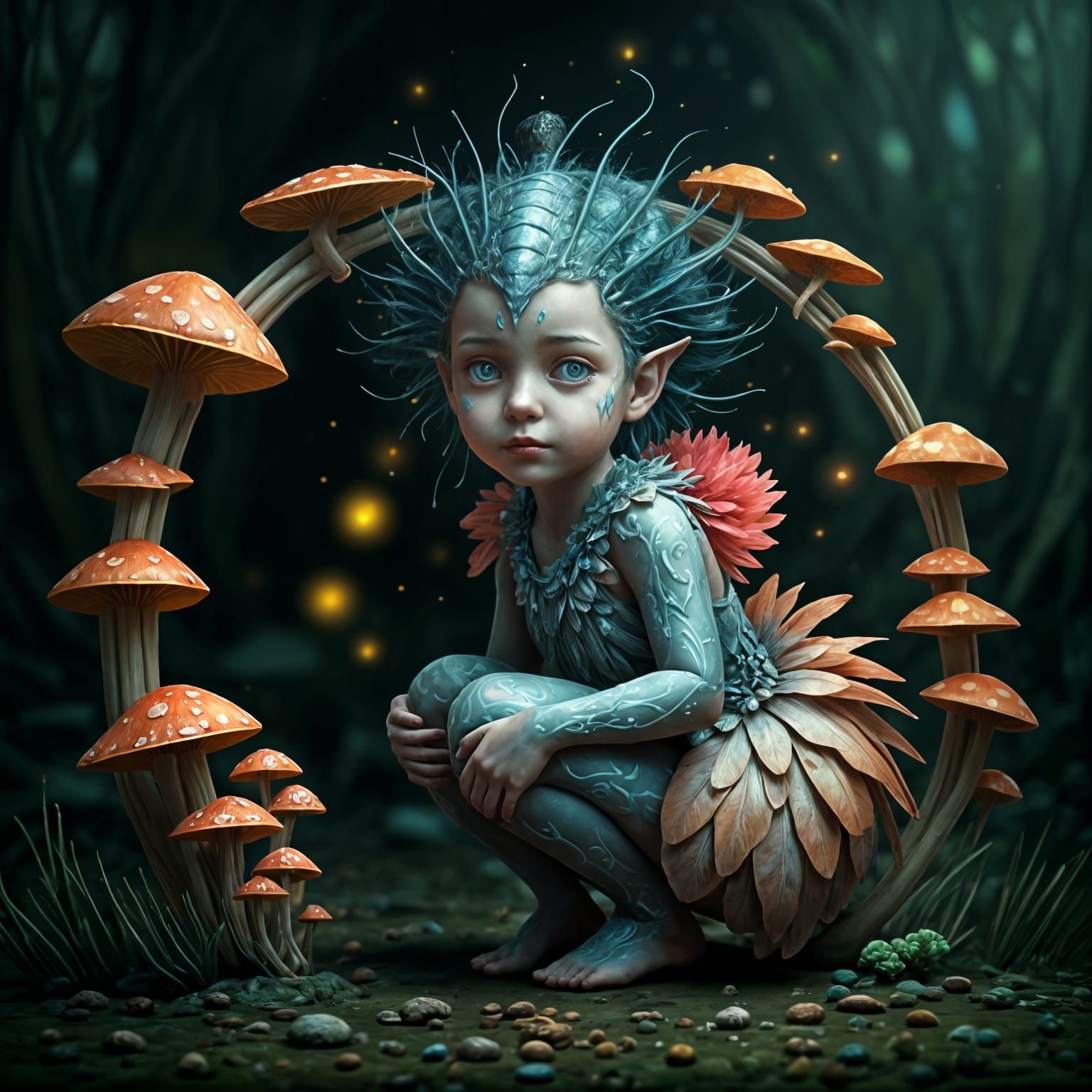 Girl with Chitin Patterns Beneath Mushrooms