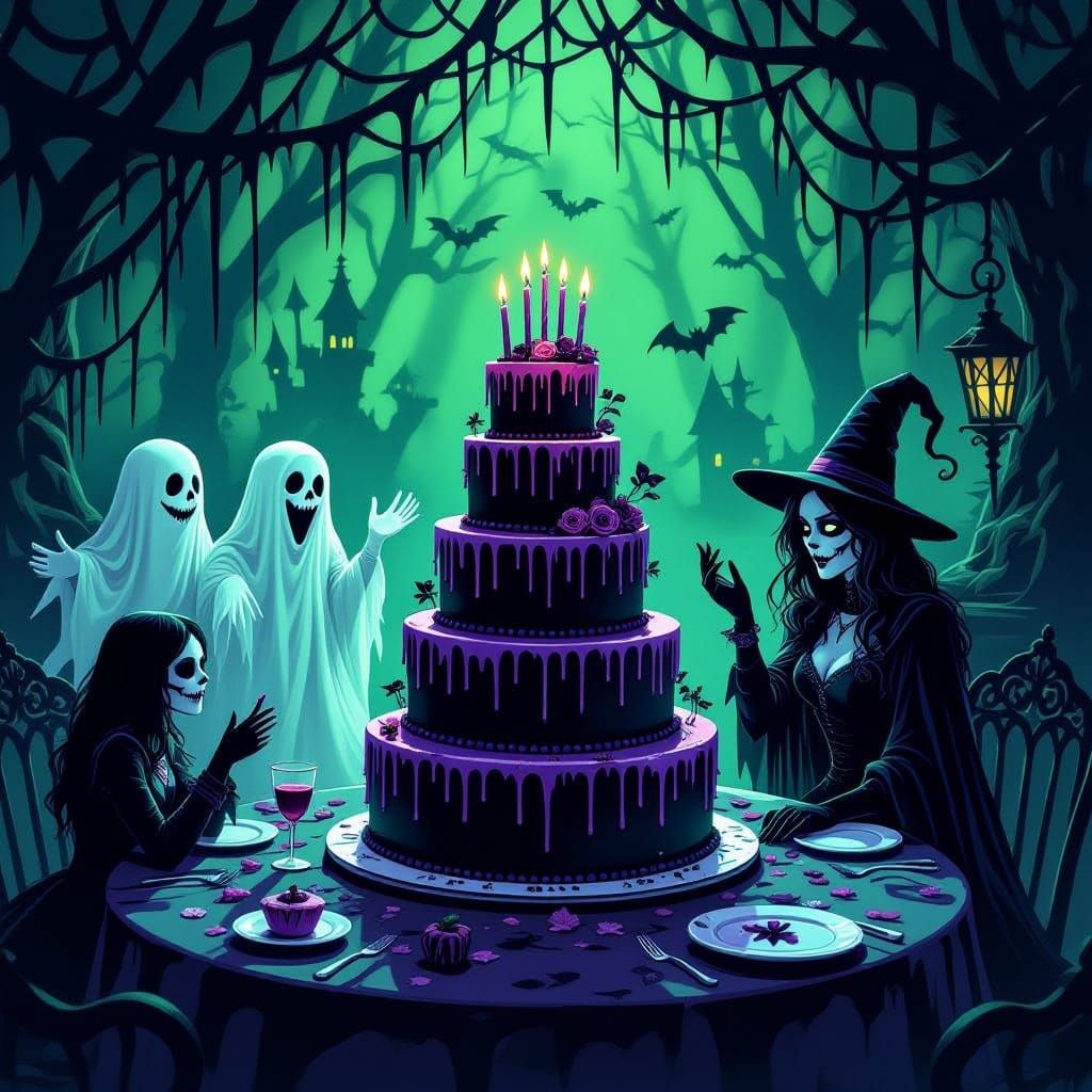 Haunted Birthday Bash with Gothic Cake and Eerie Decorations