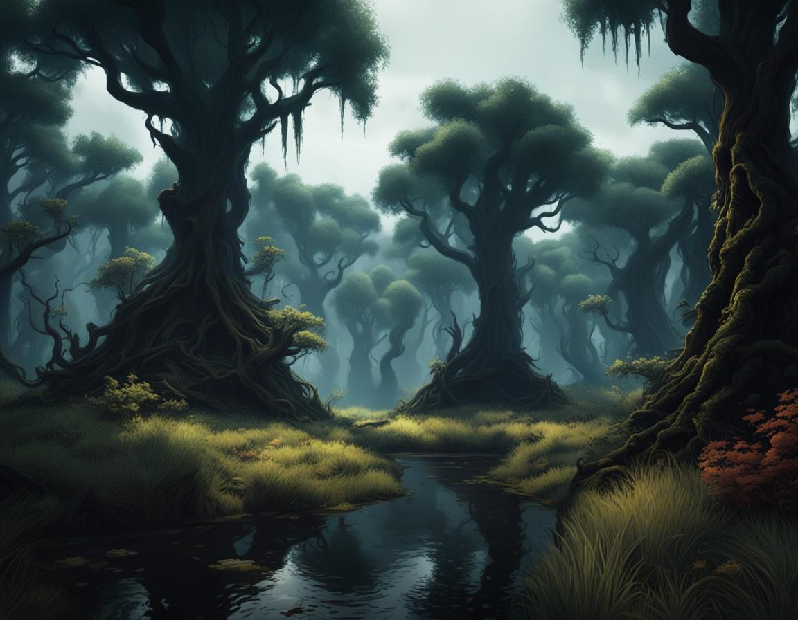 Mysterious Dark Forest Thickets in Matte Painting Style