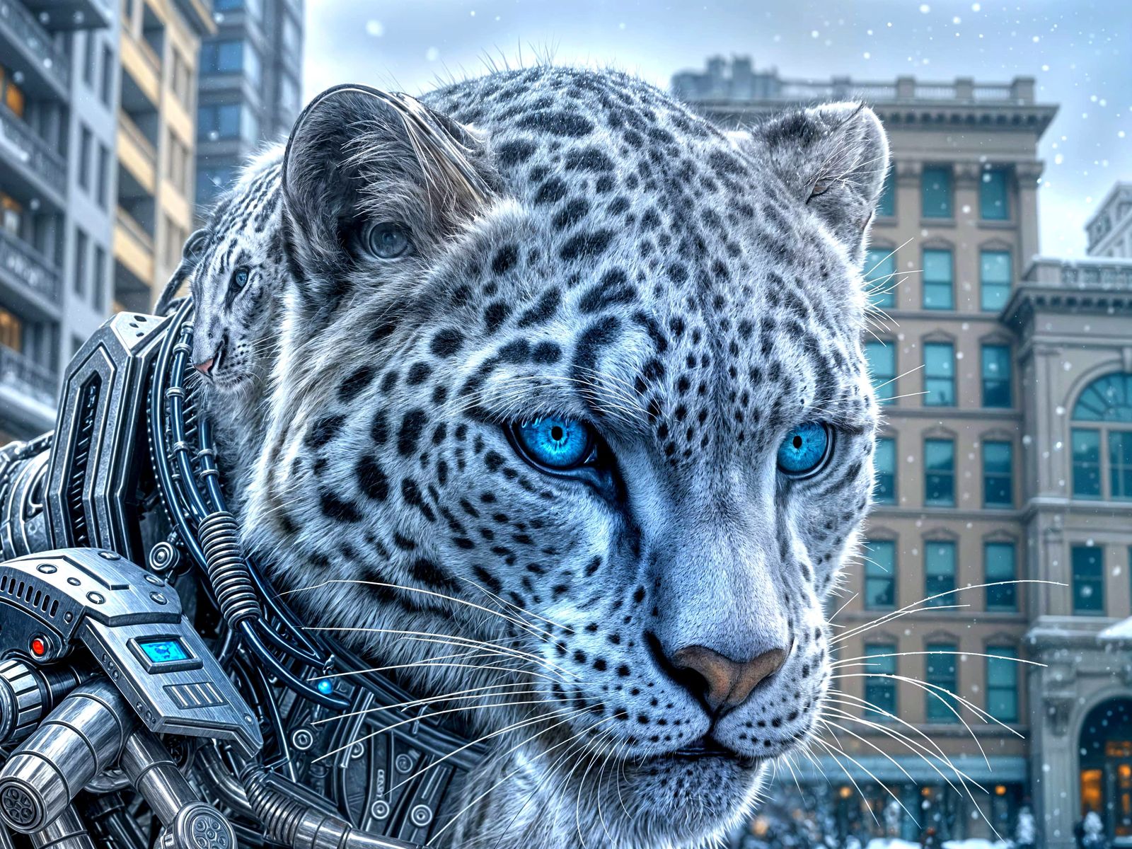 Photorealistic Snow Leopard Cyborg in Snowy City
