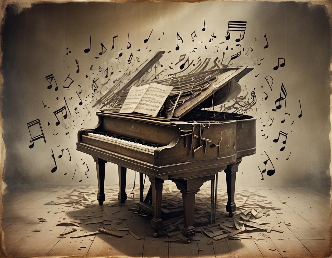 Musical Notes Emerge from Broken Piano Keys