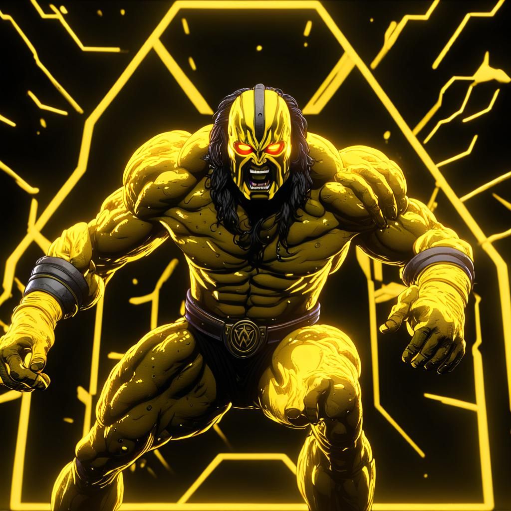 Glowing solid yellow dark  3D  magma solid yellow  ultimate warrior  wwf wrestler running ,glowing plasma under black li...