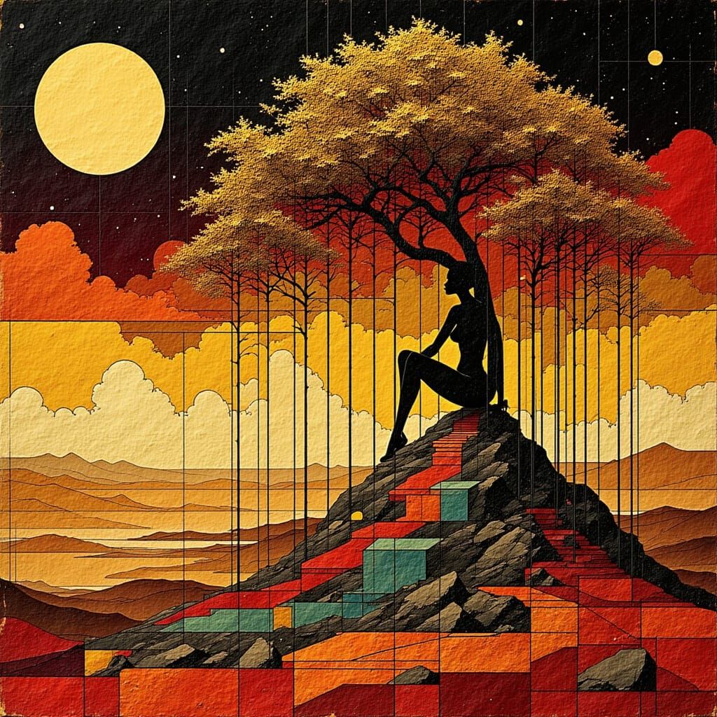 Afro-Brazilian Woman on Geometric Mountain Landscape