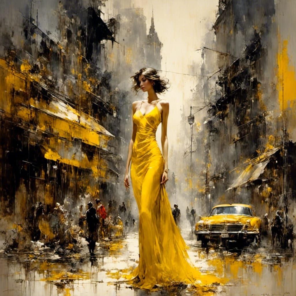 Vibrant Woman in Yellow Dress: Nagel-Style Illustration