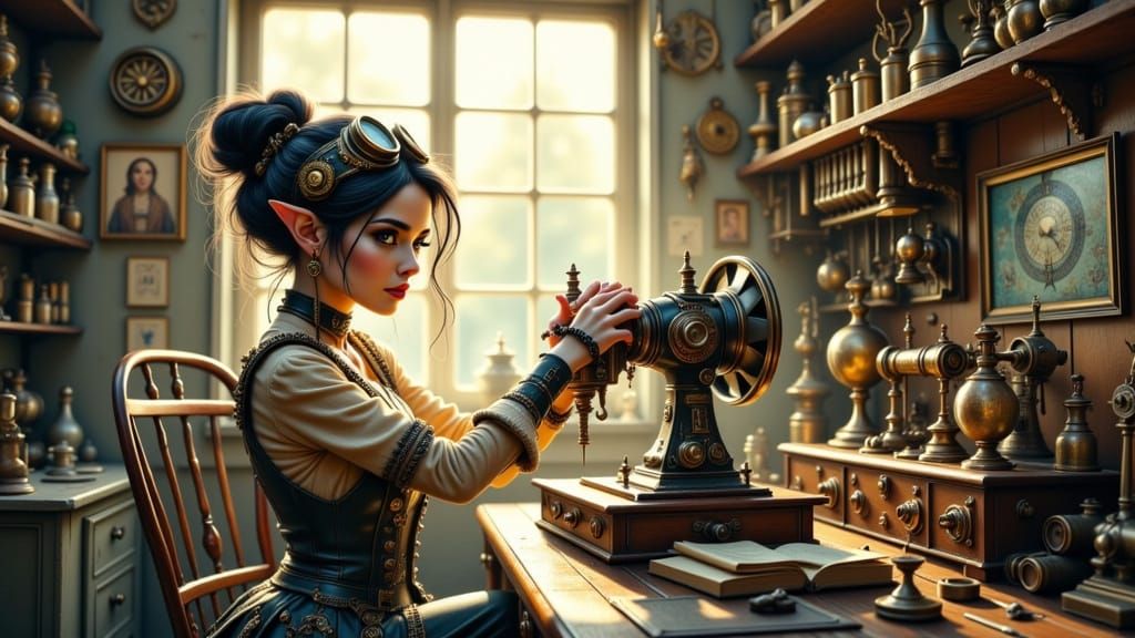 An  elf meticulously assembling a camera .