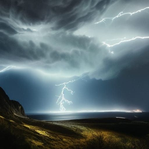 Electric Storm Over Mountain Landscape: Digital Matte Painti...
