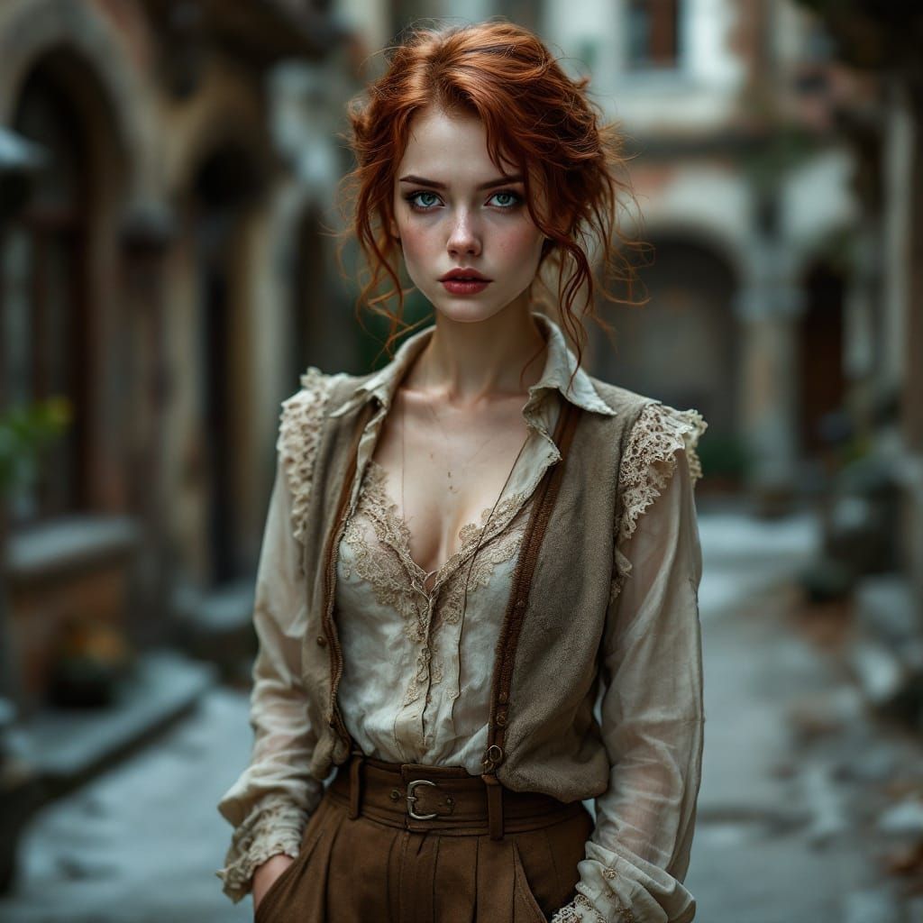 Victorian Woman in Tattered Finery Stares Sternly