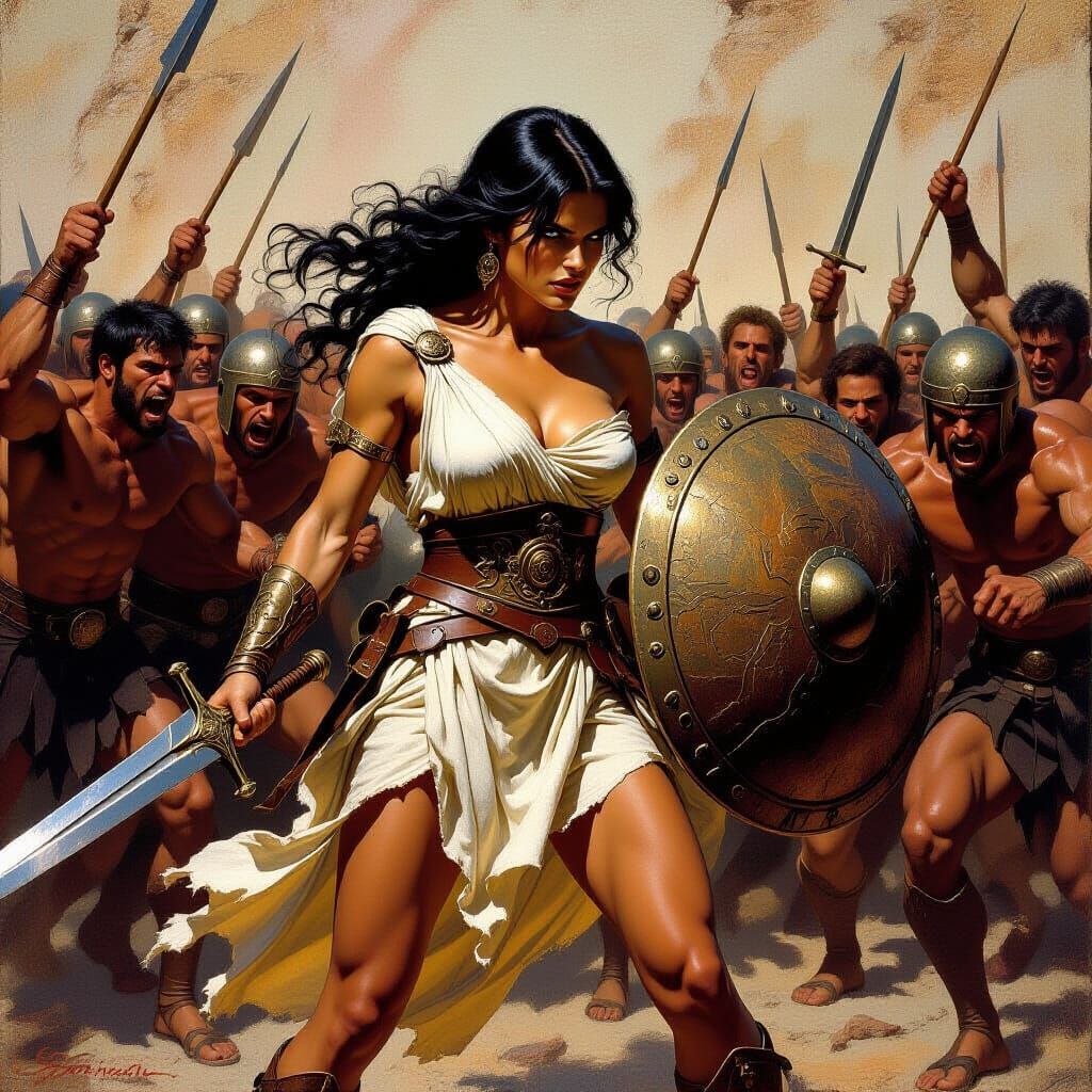 Heroic Woman Faces Mob in Fantasy Oil Painting
