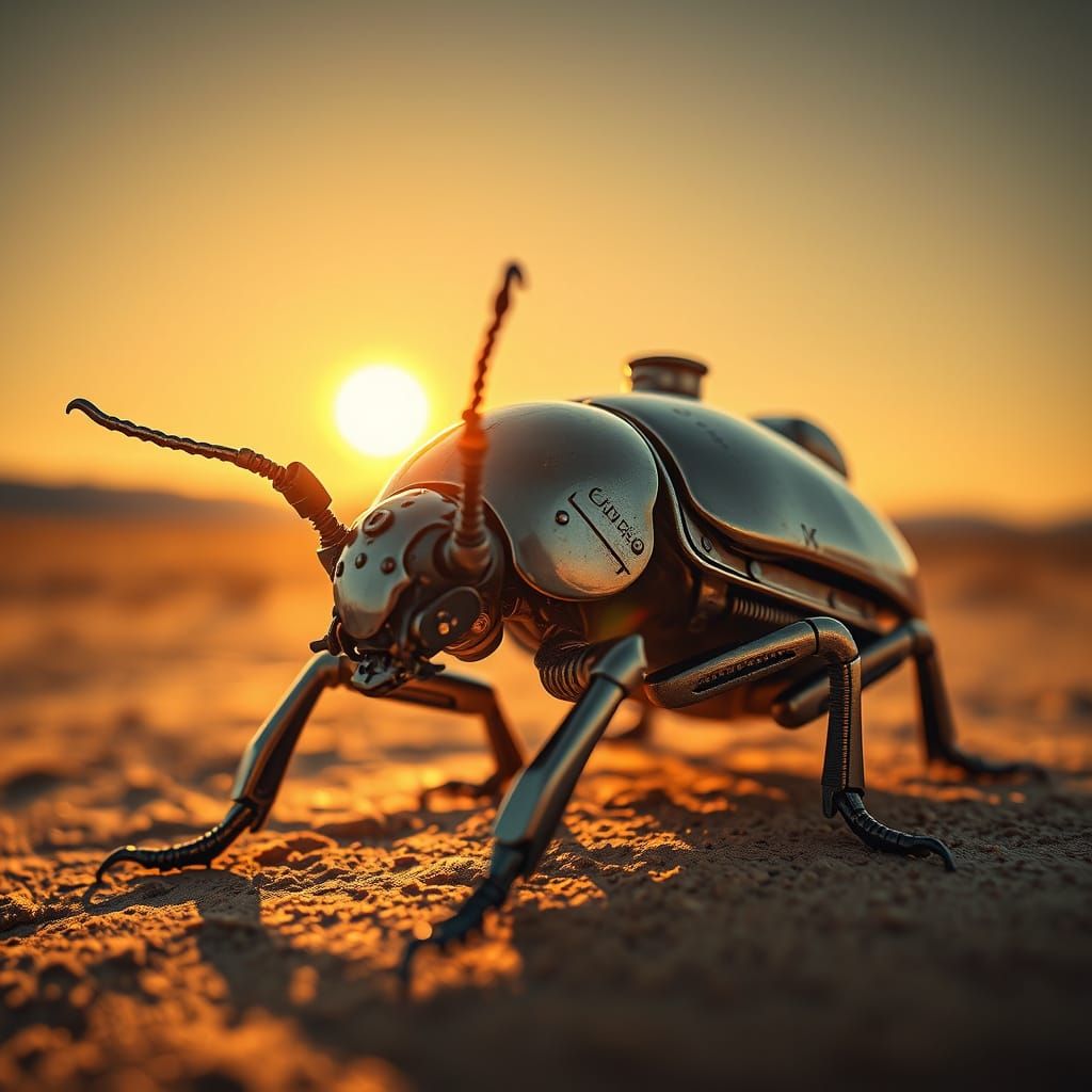 Steampunk Beetle in Desert Sunset, Macro Photography