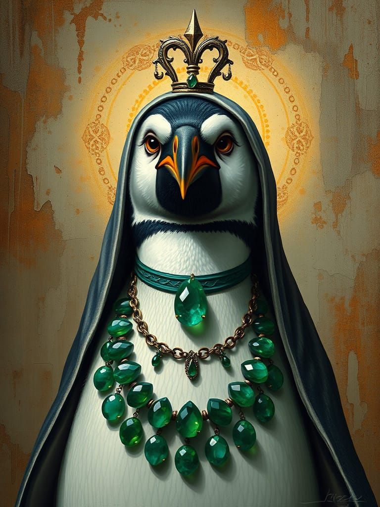 Cyberpunk Priestess Penguin in Vintage Decay