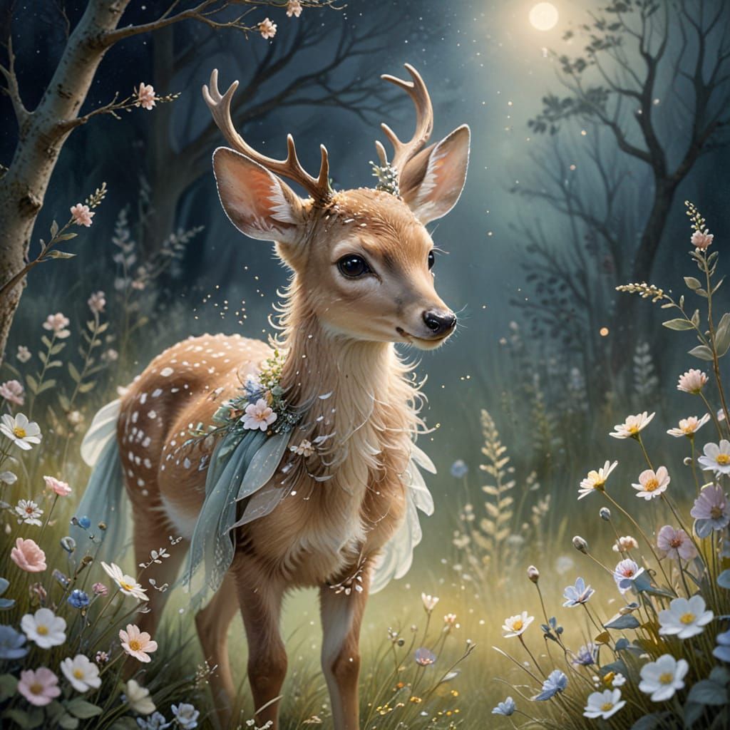 Moonlit Fawn in Whimsical Woodland Scene