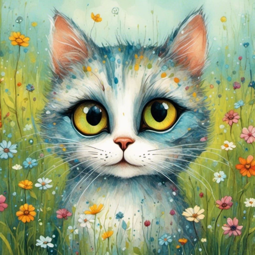 Whimsical Cat with Giant Eyes in Wildflower Meadow
