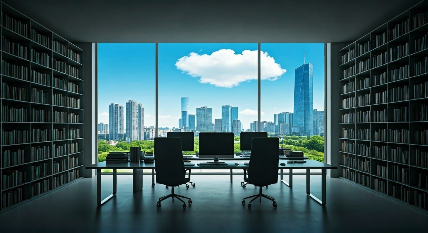 Sunlit Study with Cityscape View in Photorealistic Style