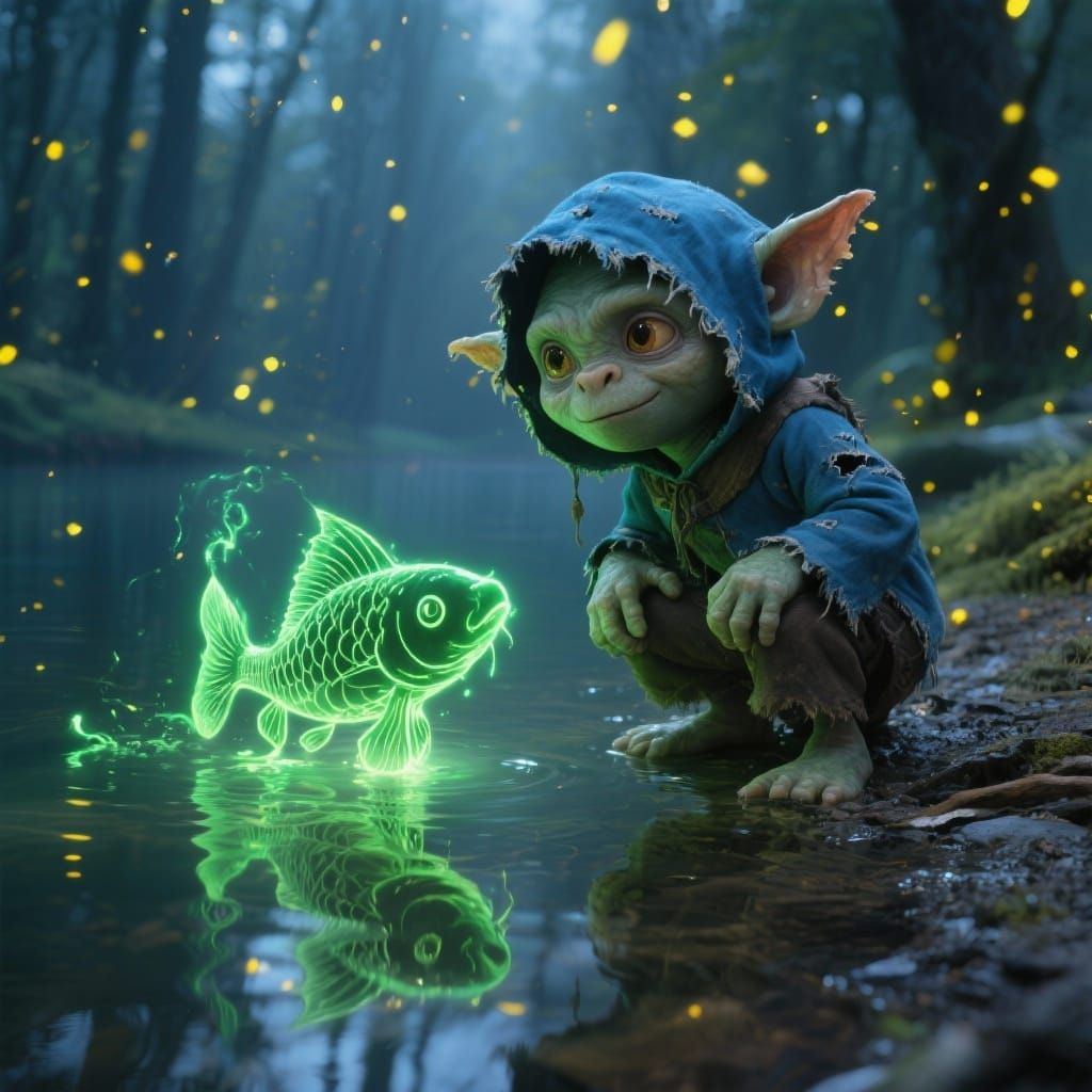 Cute Goblin by Magical Lake with Glowing Energy