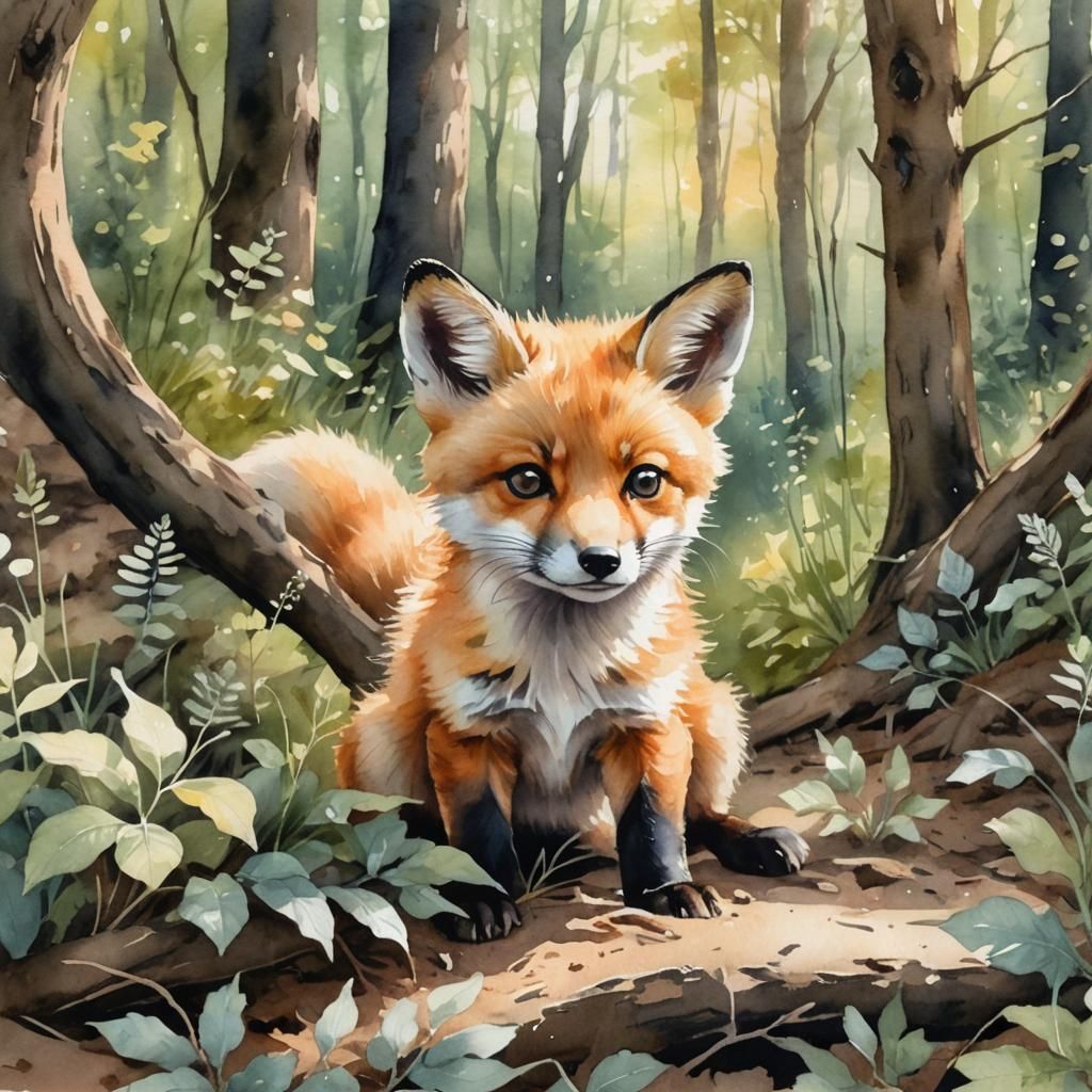 Baby Fox in Forest, Whimsical Watercolor Art