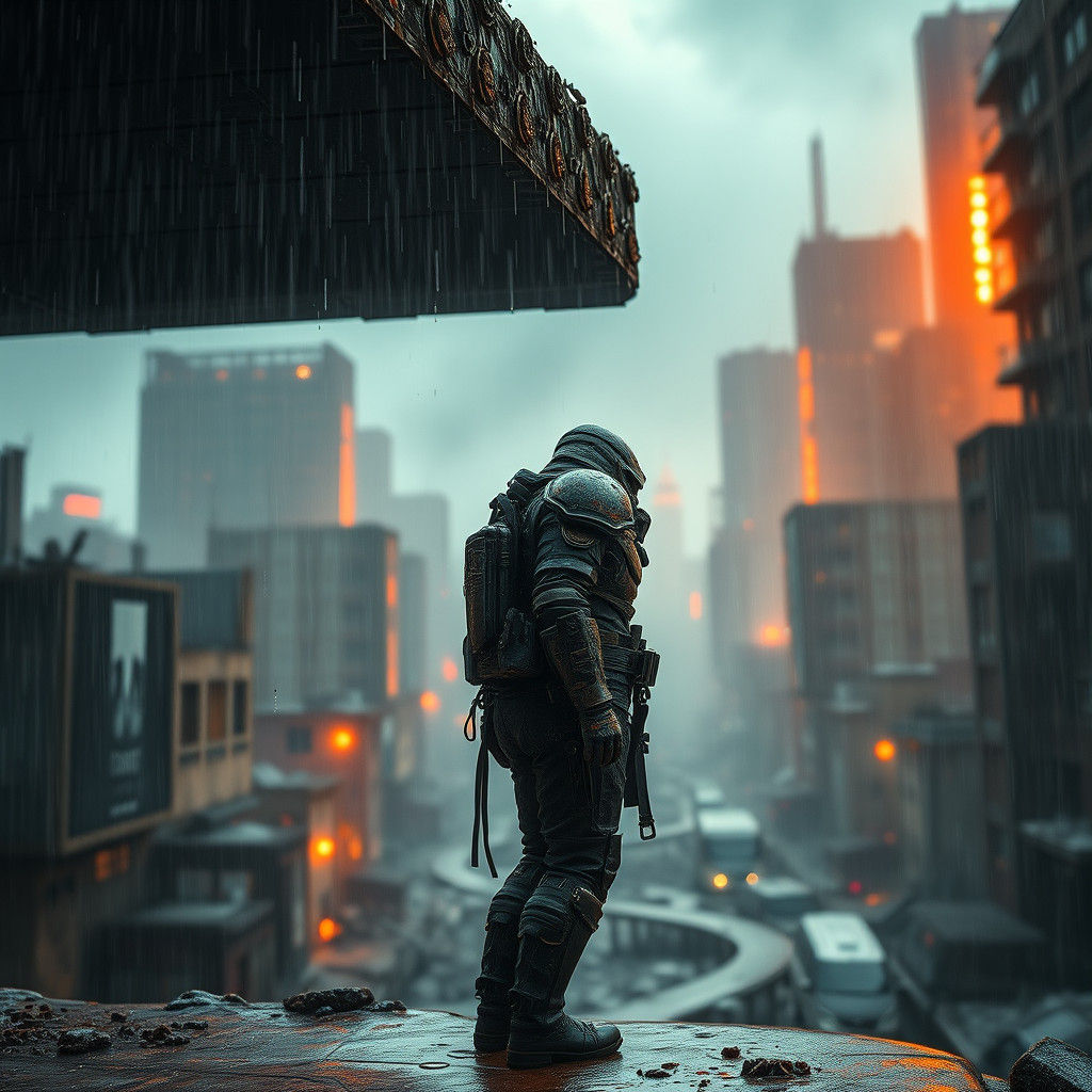 Weathered Survivor in Ruined Cityscape: Apocalyptic Digital ...