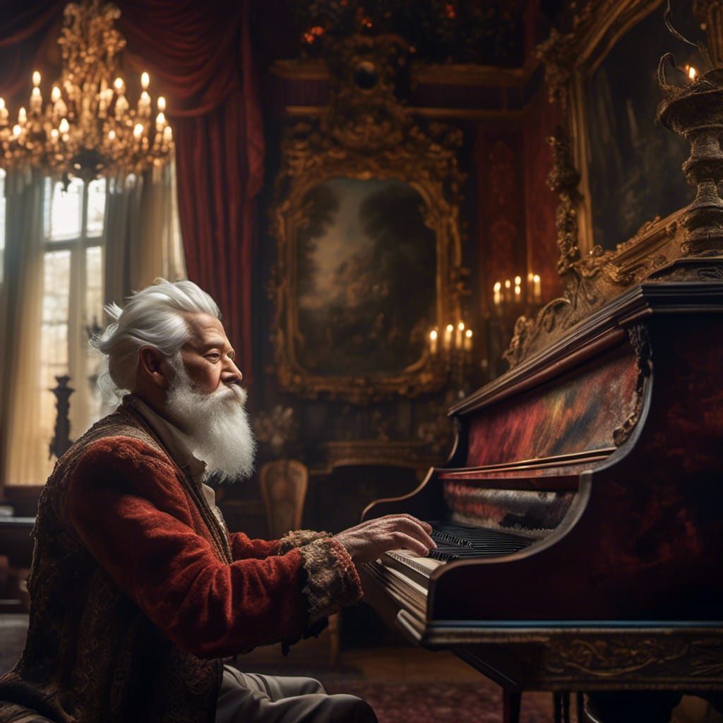 Hyperrealistic Portrait: Old Man Playing Piano in 18th Centu...