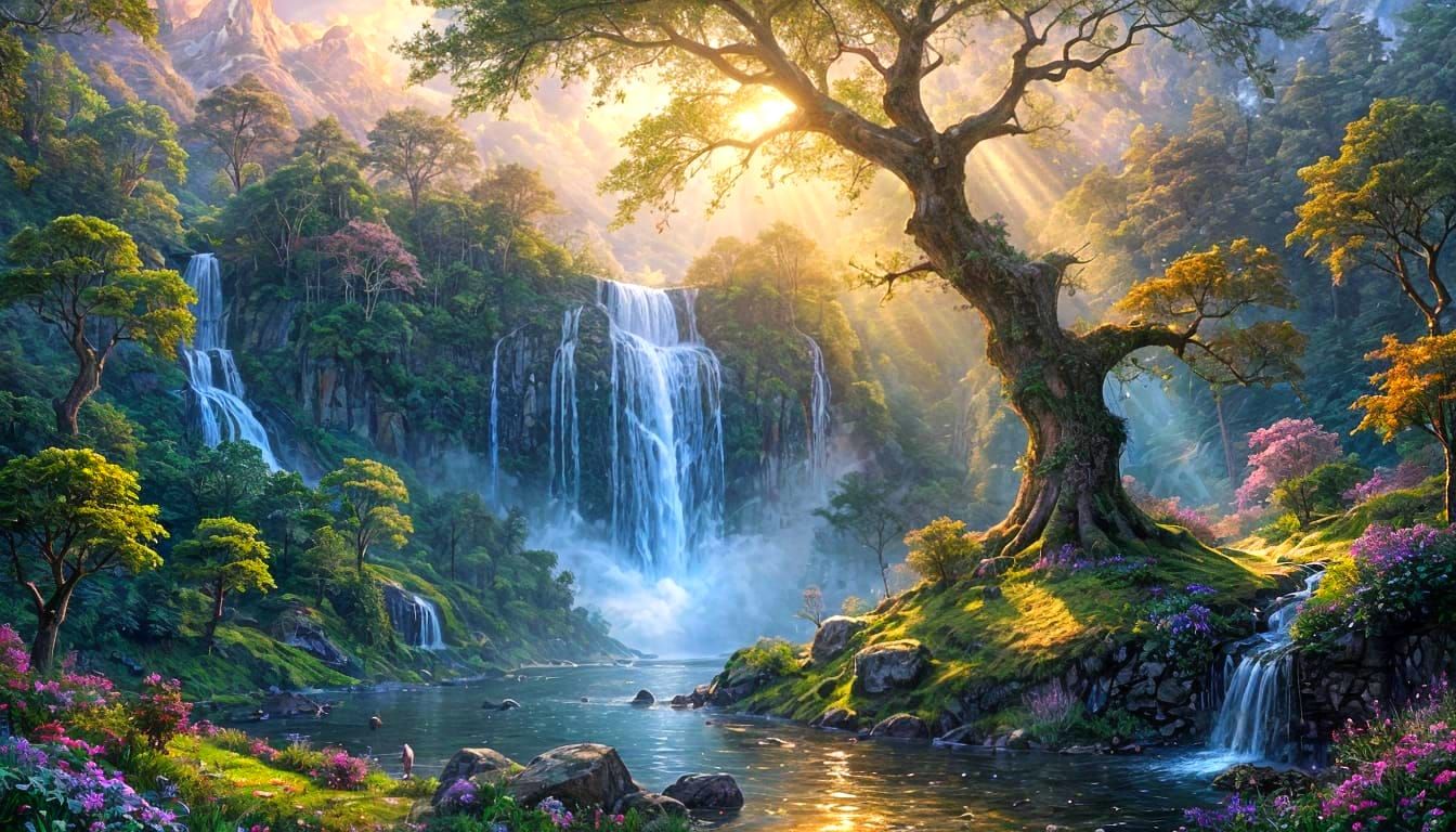 Ethereal Starry Night Landscape with Waterfall