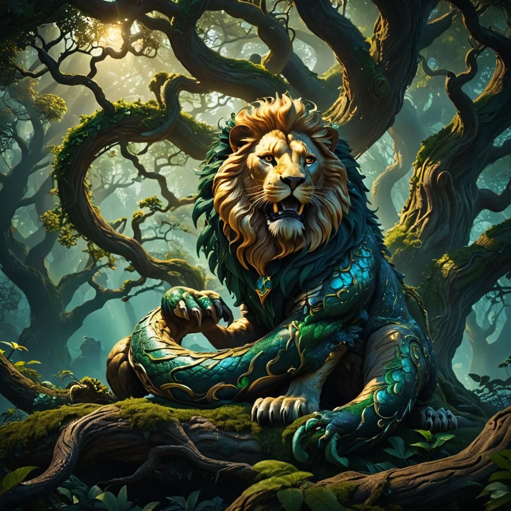 Ethereal Lion Serpent Enchants Ancient Tree