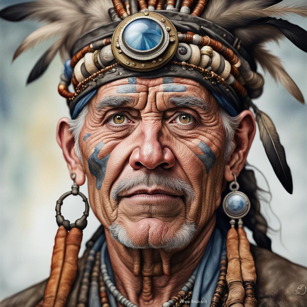 Steampunk Shaman Portrait in Watercolor Style