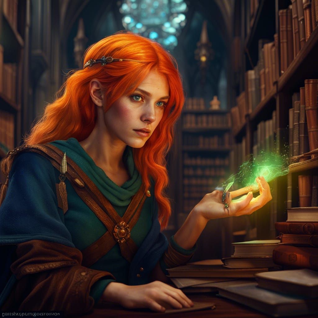 Wizard Girl in Library: Fantasy Concept Art
