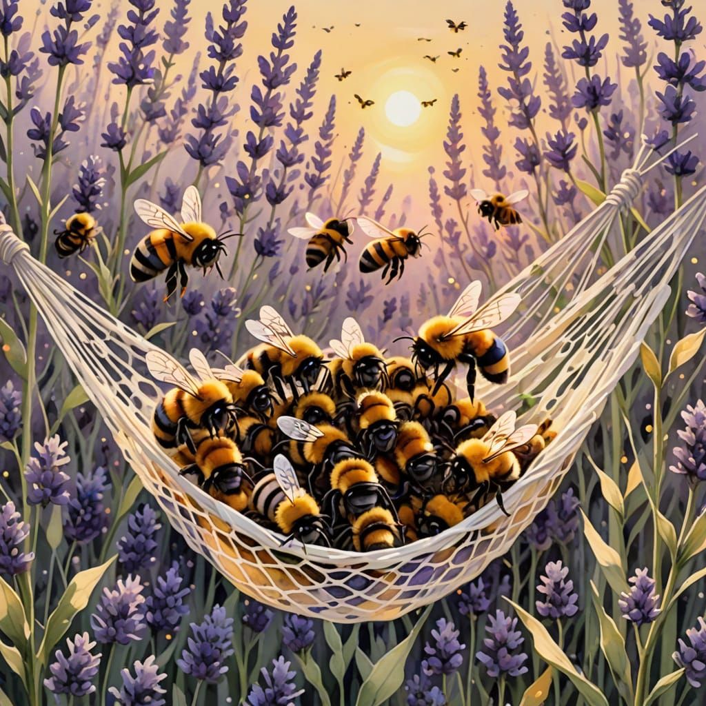 Bumblebees Sleeping in Lavender, Watercolor Style