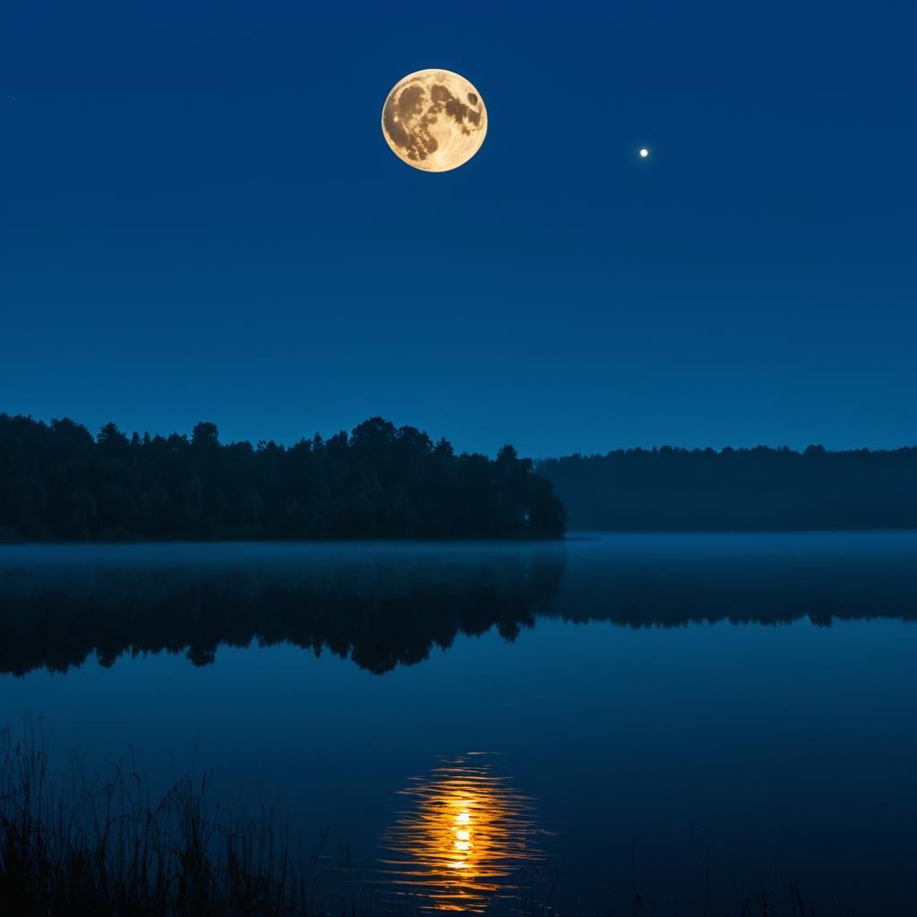 Strawberry Full Moon Over Misty Lake at Night