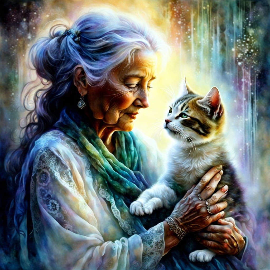 Older Woman and Kitten in Alcohol Ink Style