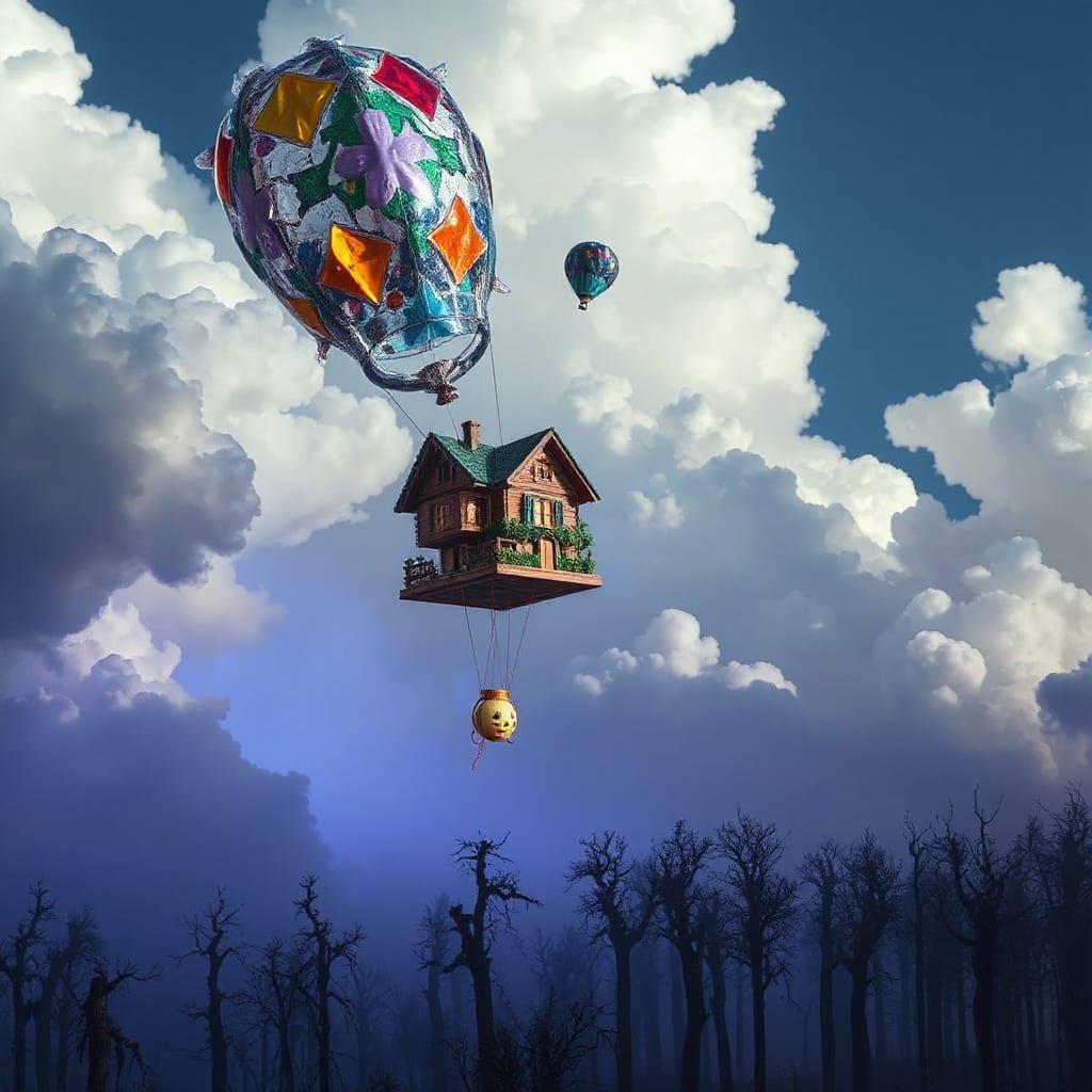 Glass Balloons Lift House to Clouds: Surreal Art