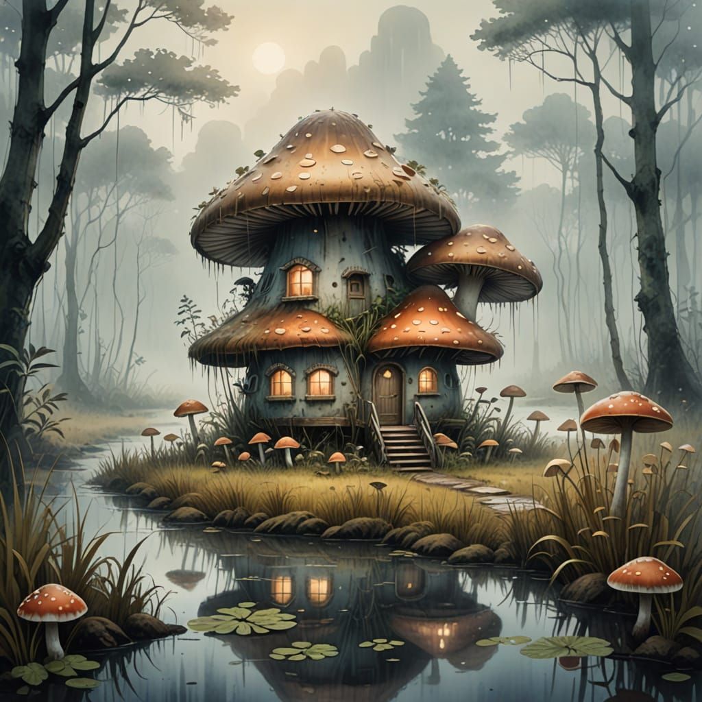 Fantasy Mushroom Abode in Muted Watercolor Hues
