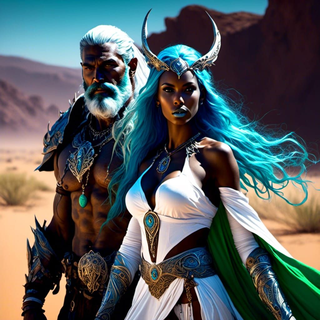 Elf Sorceress and Orc Warrior in Desert Landscape