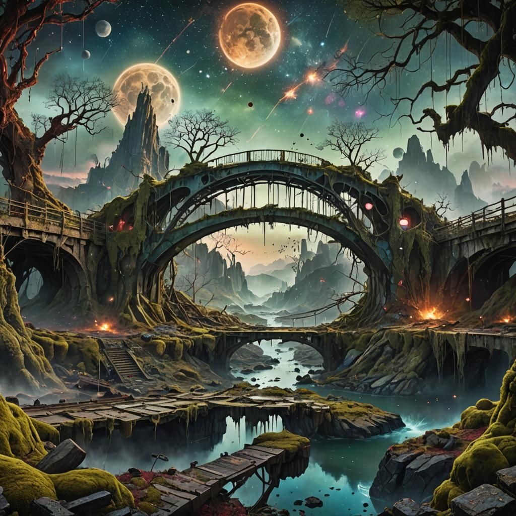 Apocalyptic Cosmos: Shattered Bridge in a Matte Painting