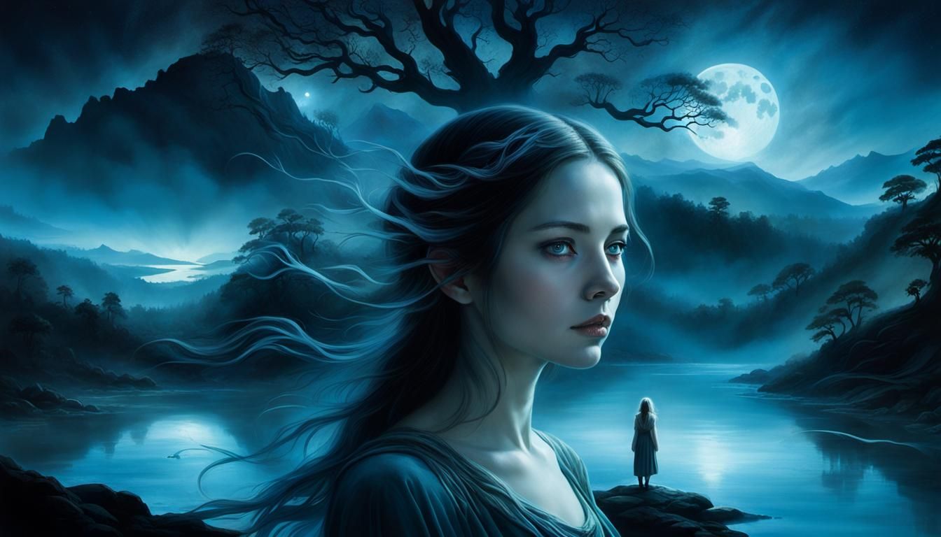 Ethereal Woman in Noctilucent Clouds: A Romantic Oil Paintin...