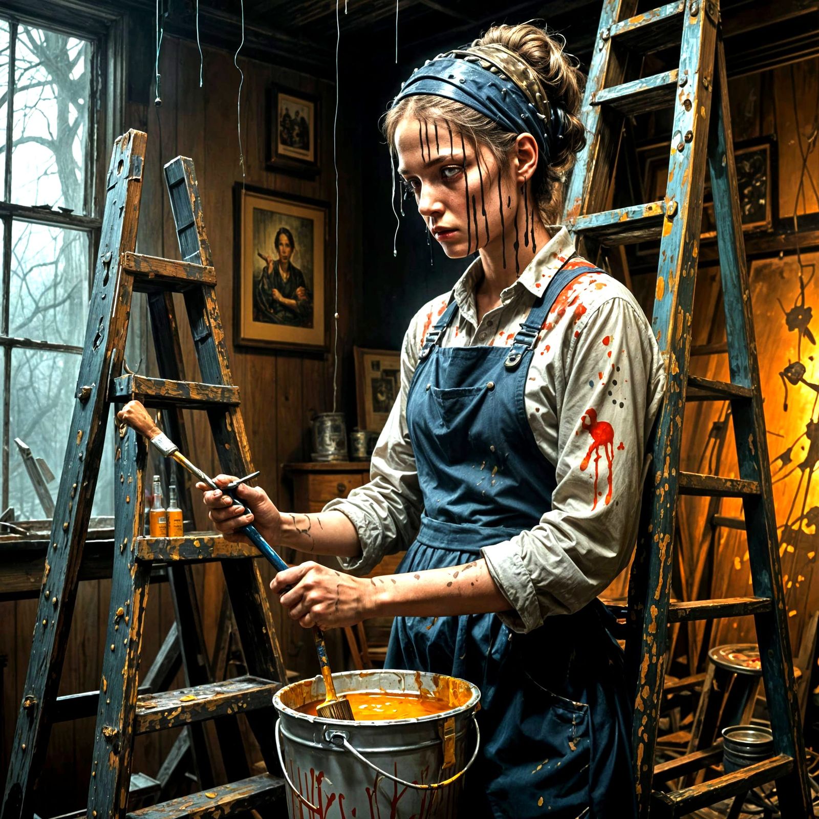 Girl Drenched in Vibrant Paint in a Sinister Setting