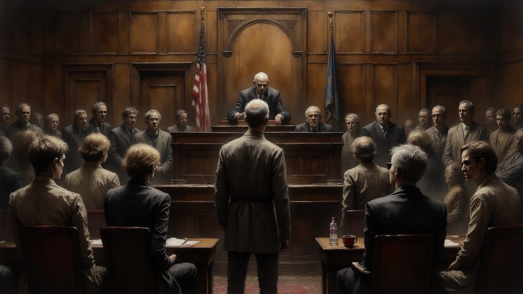 Somber Courtroom Scene in Moody Lighting