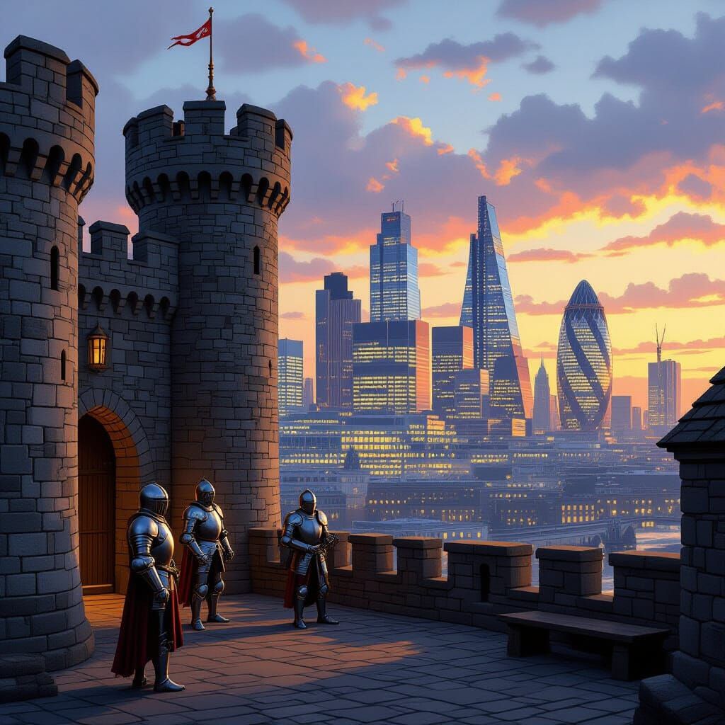 Medieval Castle Meets Modern Skyline: Digital Art
