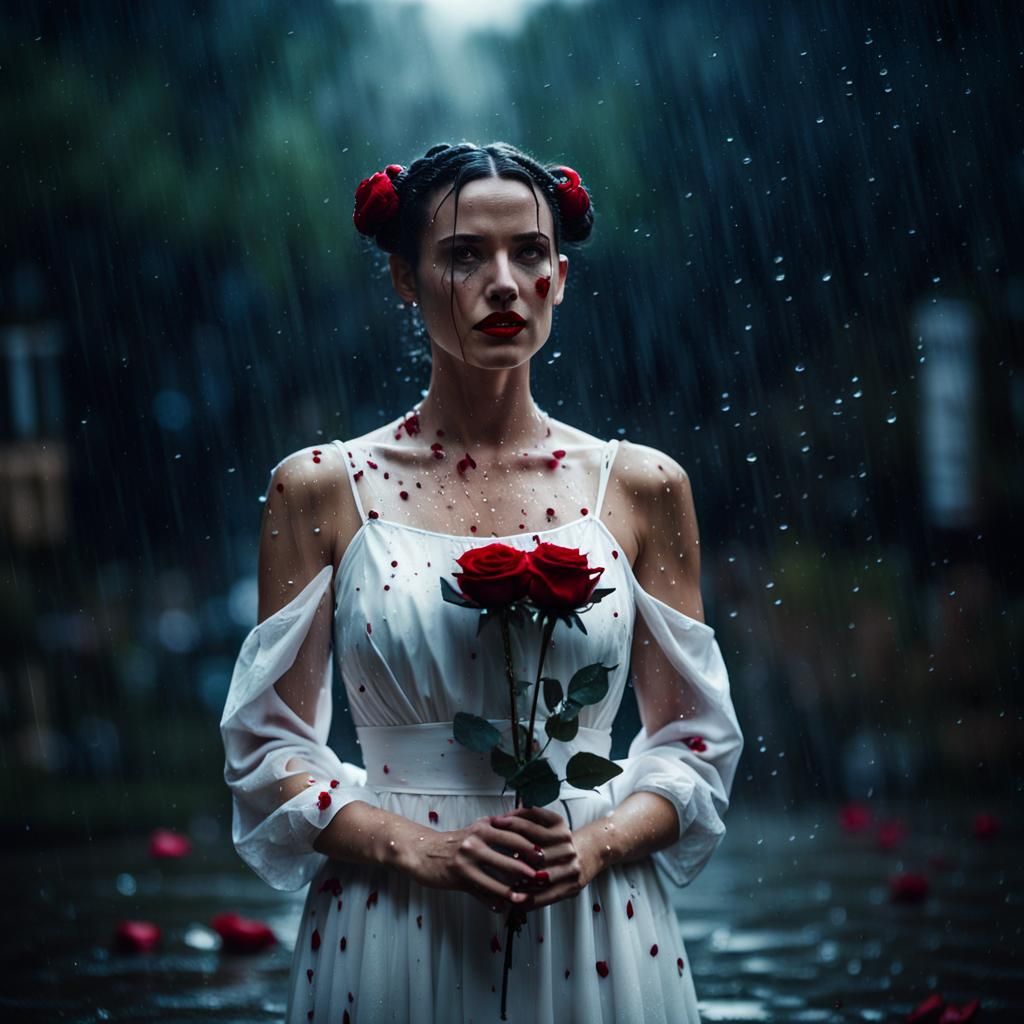 Young Woman in Rain with Rose: Cinematic Film Still