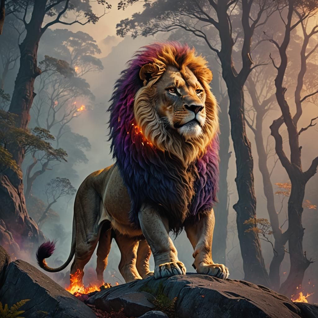 Fiery Lion in Mystical Forest: Digital Matte Painting
