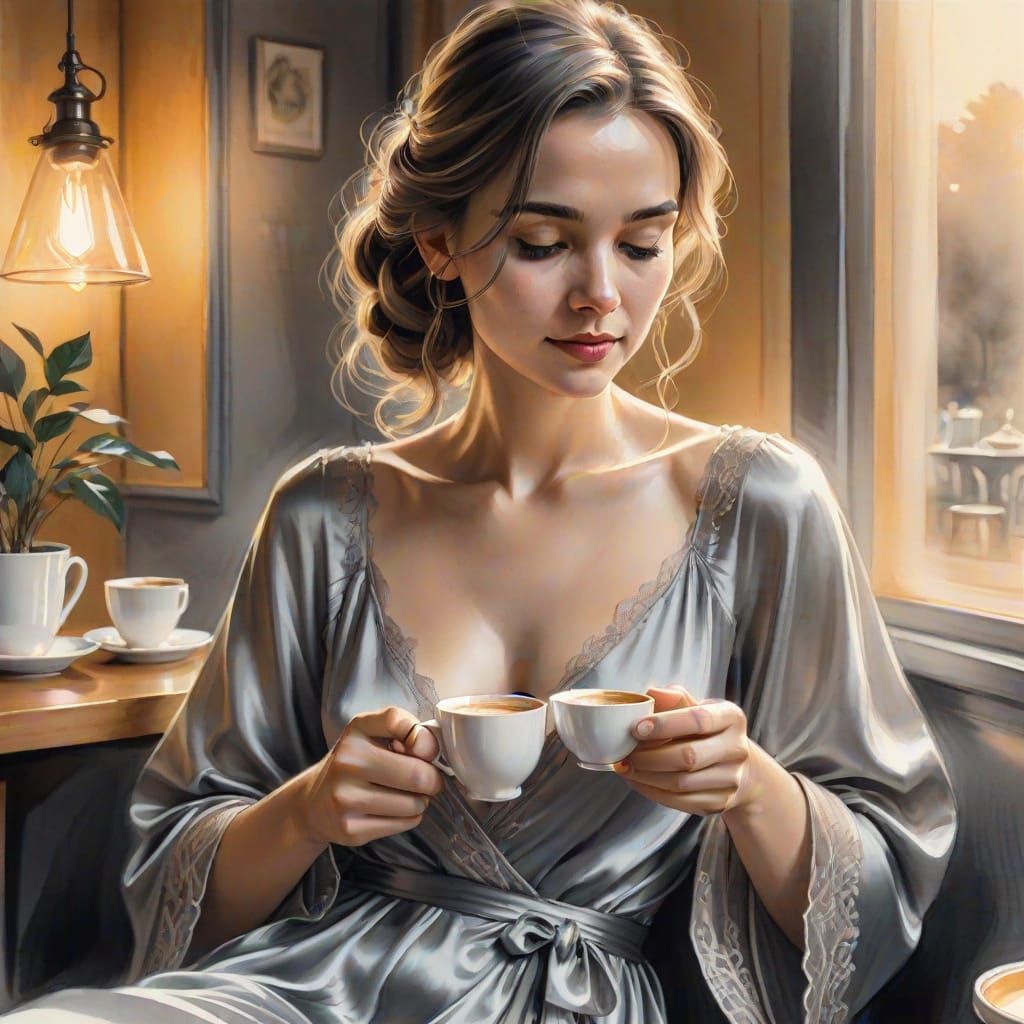 Woman in Negligee with Coffee: Charcoal Drawing