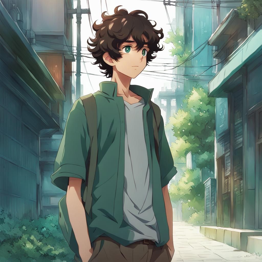 Anime Style Portrait of a Boy with Curly Hair
