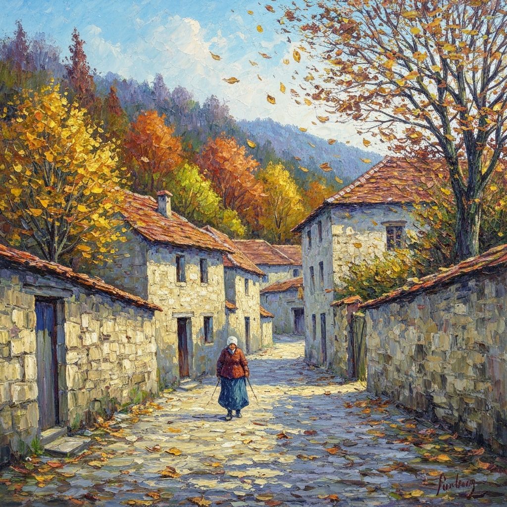 Autumn Village Scene in Impressionist Style