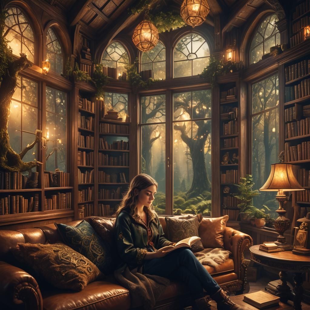 Cozy Library: Woman Reading in Enchanted Forest