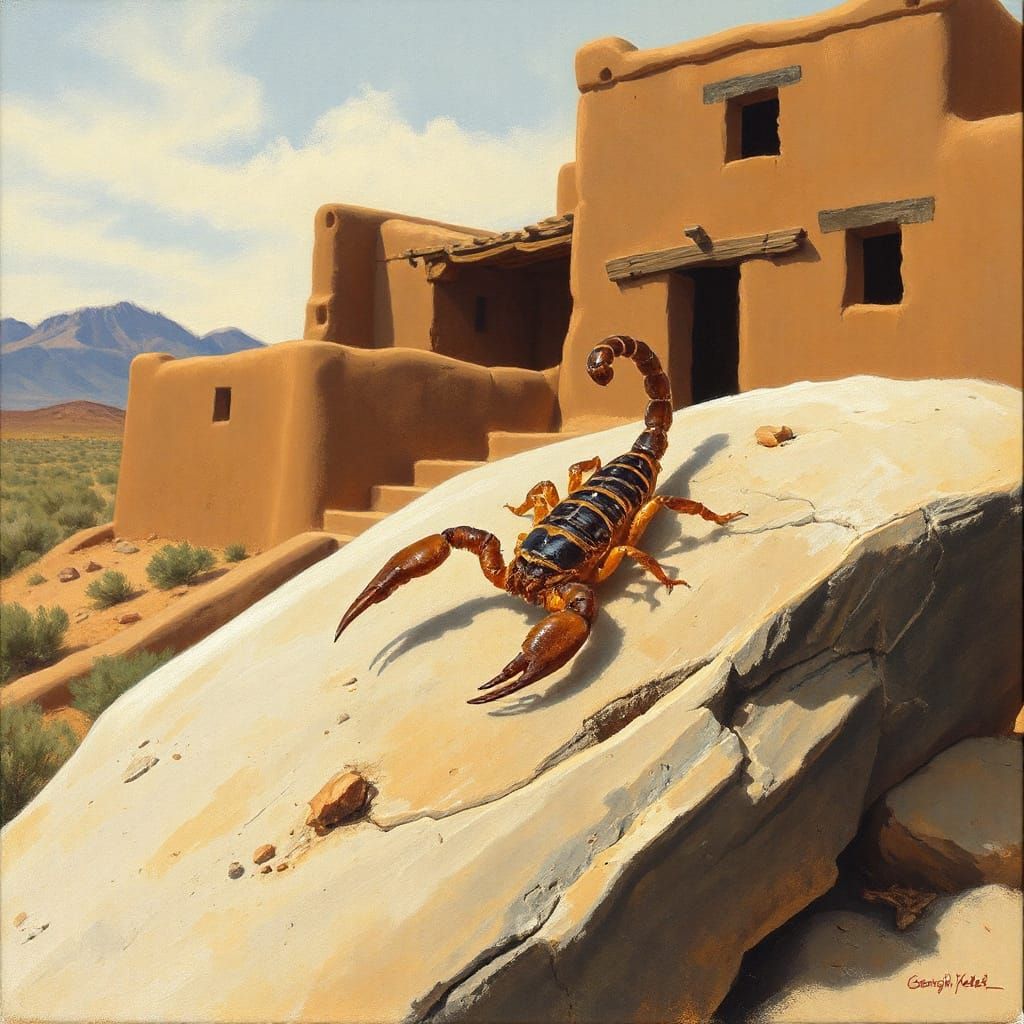 Painting of an Arizona bark scorpion on a sandstone rock near a pueblo, tail aloft, poised to strike. Georgia O'Keeffe